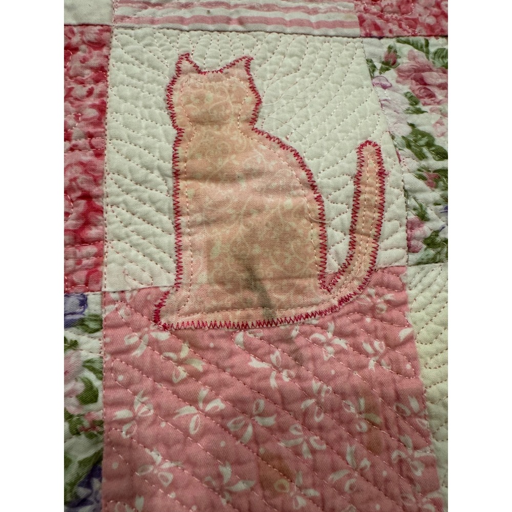 Handmade Pink Patchwork Quilt Cat Heart Floral Applique Nursery Blanket 44x44 - Picture 5 of 14